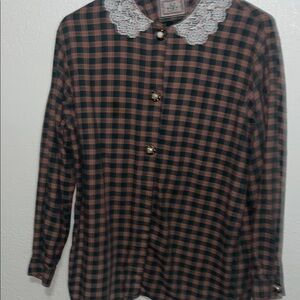 Plaid Button-Up Shirt with Lace Collar